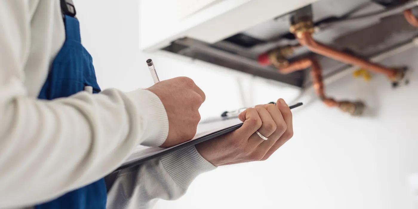 Heating engineer writing up a fixed quote after a survey